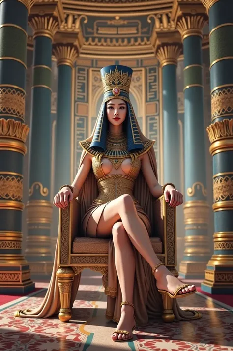 Asian woman, dressed like pharoh, sitting in egyptian throne room, beautiful and sexy, very detailed, realistic image 