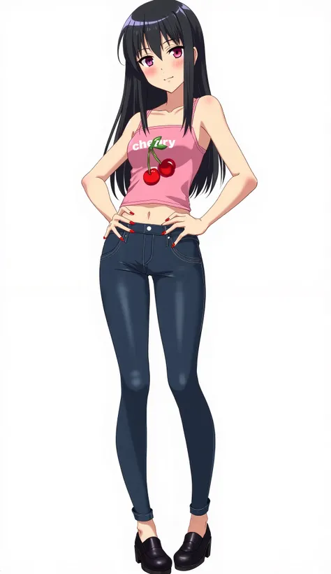  Japanese anime teen woman with long straight black hair and intense magenta eyes and red nails and wears a short pink top with the word "cherry" and a sleeveless and strapless cherry design on the front. She also wears tight dark blue jeans with shiny bla...