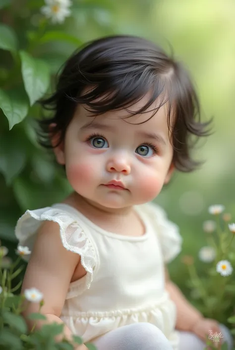  A beautiful hyperrealistic baby (6 months)  black-haired , big grey eyes,  thick and long eyelashes ,  white skin,  rosy cheeks ,  wears a white dress ,  white tights . Garden background. 
It's something innocent and tender .