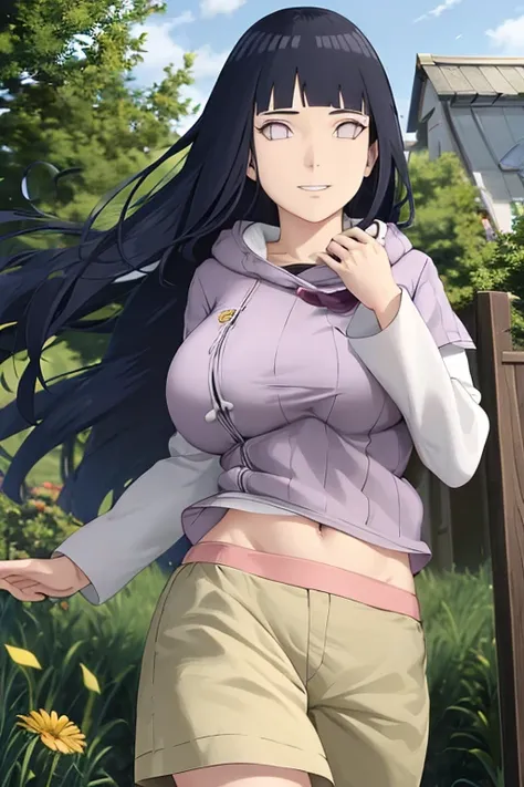 (Huge tits), busty, long hair, masterpiece, absurdres , (intricate details), (colorful),cinematic lighting,extremely detailed CG unity 8k wallpaper ,hinata\(boruto\), 1girl, solo, purple hoodie ,brown pants, layered sleeves, cowboy shot, looking at viewer,...