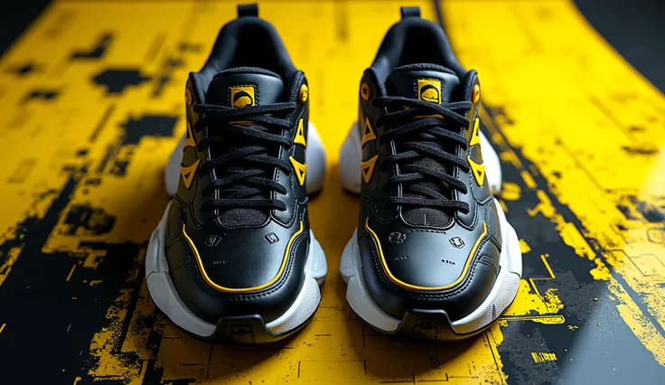 Pair of Air Jordan style sneakers, black cores, white and yellow;  black and yellow background; top-down position showing from front to back, Cyberpunk Style