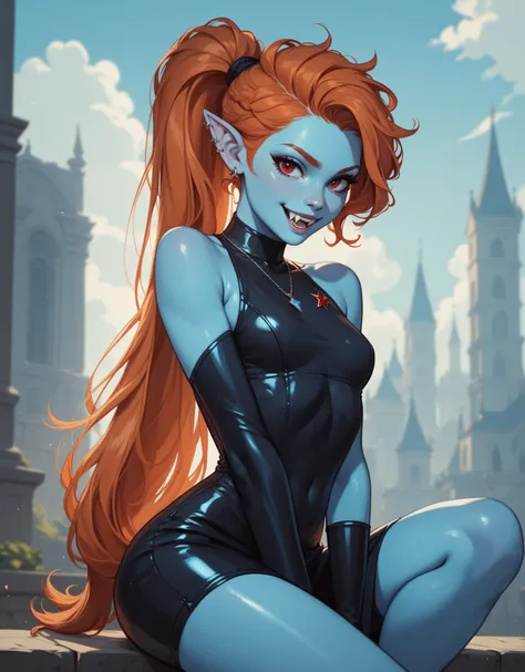 A young woman with small breasts, azure-blue skin, pixie-sharp ears, Prominent large fangs and piercing red eyes complete her striking appearance. Her long ginger hair is pulled back in a ponytail. She is dressed in a black bodycon dress