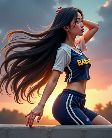  full photo ,  Southwest Asian girl with round face ,Age 25 years, action Different Posture Cute, Bright and Sexy ,  Bright Dark Blue Graphic Print White Football Sports Shirt, "BABYMAN 90s," , , strong abdominal muscles ,  sparkling Portland skin,  glazed...