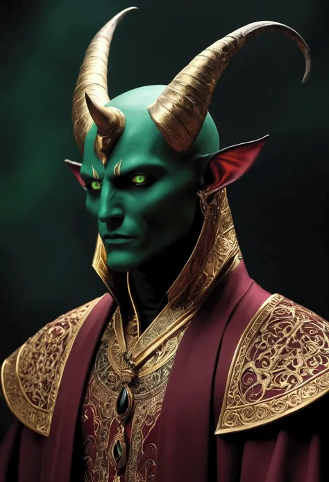 demon. pale. man. Burgundy aolos .  glowing eyes ,  green eyes. mørk.  Golden robe,. fits a high collar .alluring look. black lilies. Black horns . Egypt 