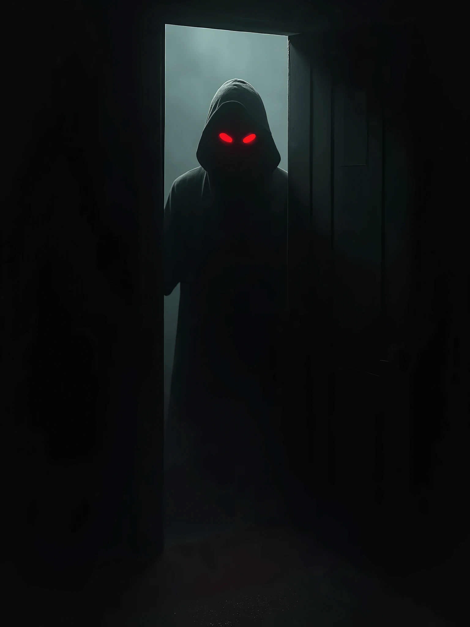 A humanoid shadow with red eyes hiding behind a half-open door.