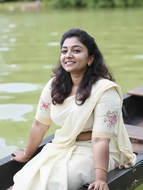 photo of kerala  mallu female reshma  sitting in a canoe in a kerala river. Reshma is curvy chubby shaped.reshma is average sized body. perfectly fit body figure with huge breast and indian fair skin tone and black long thick straigned hair.wearing white k...