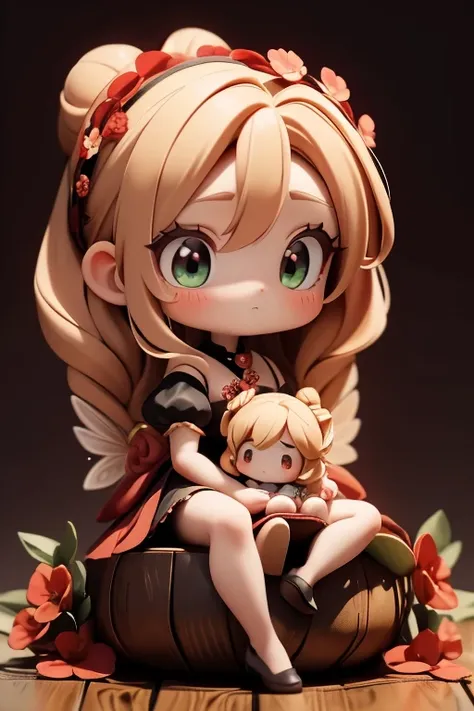 A beautiful little fairy with golden hair tied back in an elegant bun, adorned with loose highlights and a crown of red and black flowers. She has large, expressive green eyes with long eyelashes. Her translucent wings have a red and black gradient with sh...