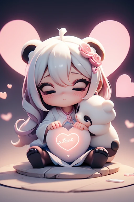 A mesmerizing, high-resolution 3D render illustration captures a tender moment between a gentle panda and a fragile, glowing PINK heart inscribed with the name " I Love You " in elegant, black cursive script. The panda tenderly cradles the heart, while del...