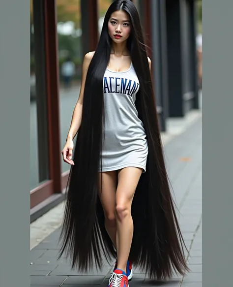  full photo ,  Southwest Asian girl with round face ,Age 25 years,  Bright Dark Blue Graphic Print White Football Sports Shirt, "BABYMAN 90s," , Wear expensive colorful sneakers., Long black hair, His long flowing hair , My hair is spread out,  extra-long ...