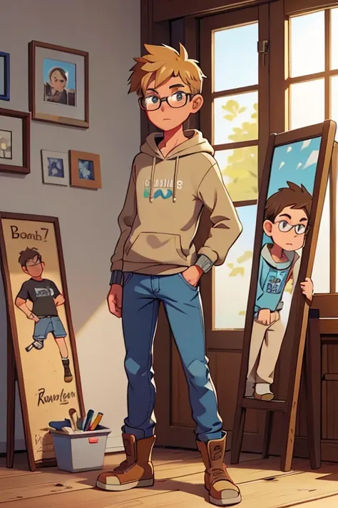 Full body drawing, male, 6 foot tall, short brown hair with blonde streaks, blue and brown horn-rimmed glasses, hazel eyes, slightly longer face, lanky body, wearing a light grey hoodie, baggy jeans, dirty tan work boots.