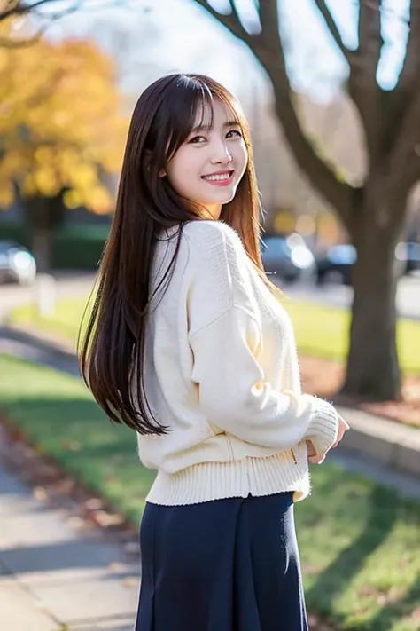 Draw a cheerful, pretty girl with long hair and a slightly ish face, smiling at you on a sunny winter day with a clear blue sky. Her naturally straight shoulder-length hair sways in the cool but pleasant breeze, and the soft sunlight reflects off her hair,...