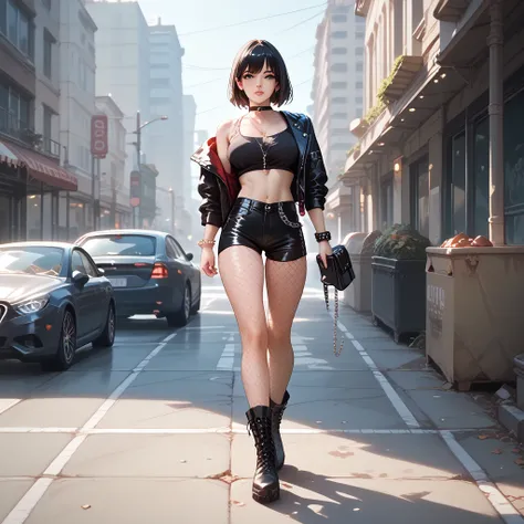  A woman with long black hair, black eyes ,fair complexion and with a slim and curvaceous build walking down the street ,wearing a black top,a black jacket , black shorts , mesh tights , boots and a chain bracelet on her wrist ,, with an apocalyptic backgr...