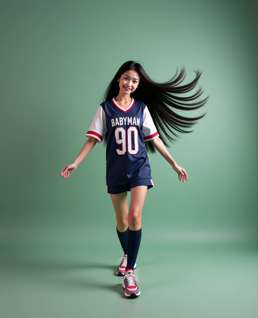  full photo ,  Southwest Asian girl with round face ,Age 25 years,  Bright Dark Blue Graphic Print White Football Sports Shirt, "BABYMAN 90s," , Wear expensive colorful sneakers., Long black hair, His long flowing hair , My hair is spread out,  extra-long ...