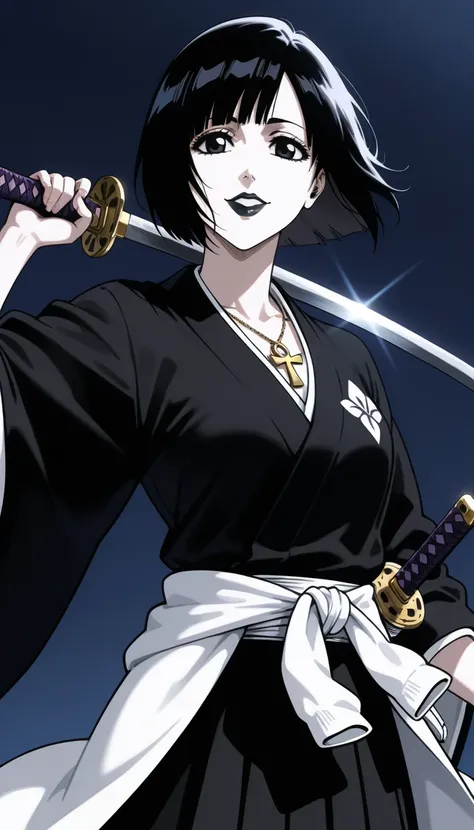 very white skinned, pale woman, with short and messy black hair, happy, wearing ankh necklace, black eyes and lips, black lipstick, wearing black kimono and white belt around her waist, holding and showing katana to the viewer, ankh-shaped katana, bleach a...