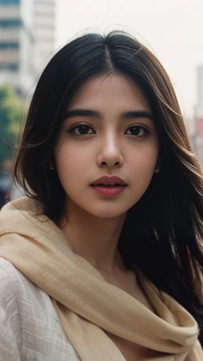 (((Desi Girl))), chubby face, Natural Skin, Wearing a hot deep necktop and dupatta, Attractive black hair, ((The ends of the hair are blonde)), city street background, Bokeh