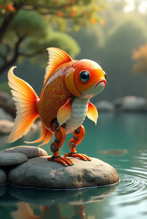 pinkfluxproultrafantasia, aidmaimageupgrader
A charming photographic illustration of an anthropomorphic Japanese robot goldfish, standing gracefully by the edge of a tranquil Zen garden lake. The goldfish has a vibrant metallic body adorned with intricate ...