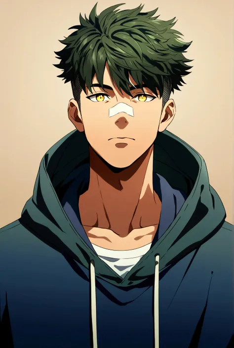 best quality, masterpiece, hires,solo, solo focus, highly detailed, 1male, male focus, young man wearing a hoodie, standing straight, handsome young man,  messy undercut hair, green darkish hair, yelloweyes , facing viewer, with a small bandage on his nose...