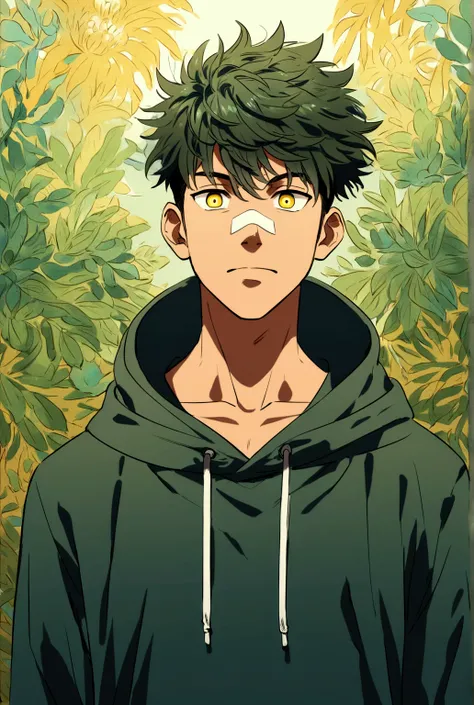 best quality, masterpiece, hires,solo, solo focus, highly detailed, 1male, male focus, young man wearing a hoodie, standing straight, handsome young man,  messy undercut hair, green darkish hair, yelloweyes , facing viewer, with a small bandage on his nose...