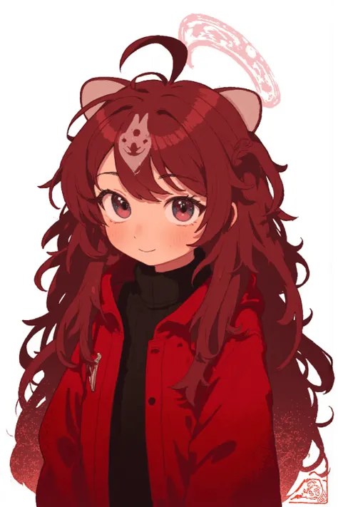 non-binary,  dark red long curly hair, Hair turned to the right, Blue eyes, Freckles around the eyes, A fluffy red coat over a black sweater, A two-pronged v-shaped blade antenna that grows on the forehead