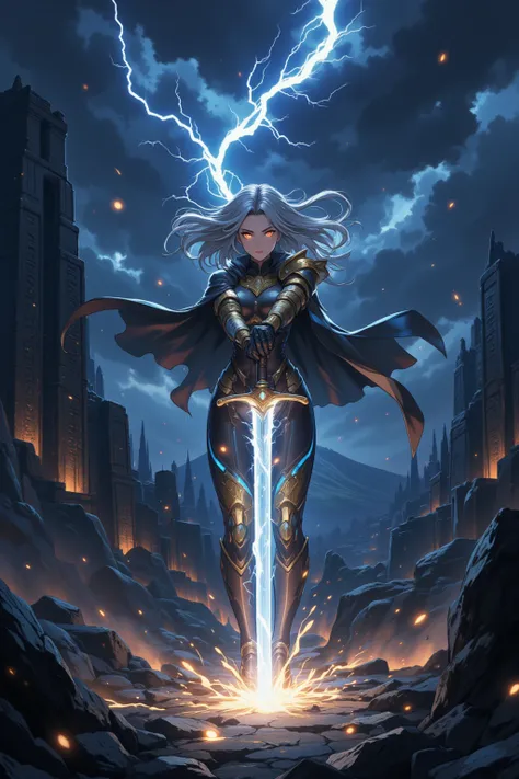 A dynamic anime-style illustration of a powerful woman pulling a glowing lightning sword from the ground. She has long, flowing hair streaked with silver, billowing wildly in the stormy wind, and her piercing, glowing eyes radiate determination. Her outfit...