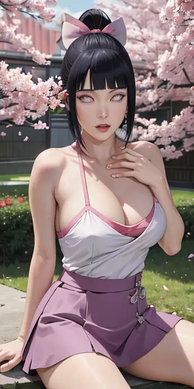 masterpiece, absurdres, hinata\(boruto\), 1girl, solo,mature female, spaghetti strap top, high waist mini skirt, looking at viewer, (falling petals), perfect composition, detailed lips, big breast, beautiful face, body propotion, blush, (pink lips), ponyta...