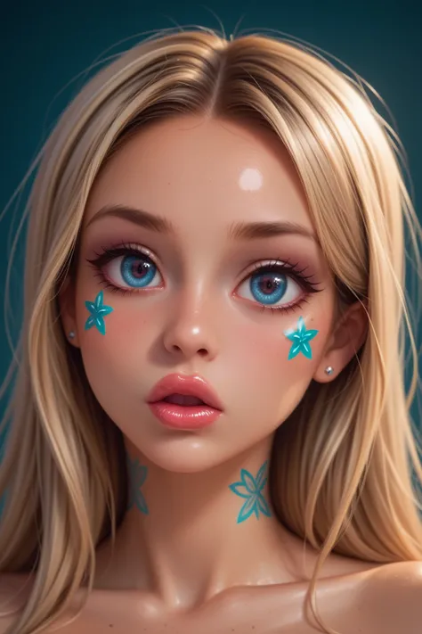 An artistic depiction of a girl with big lips and big eyes, adorned with face tattoos. The style is a blend of surrealism and pop art, with DARK colors and VERY exaggerated features. Her expression is a mix of angelic and mischievous, set against a dynamic...