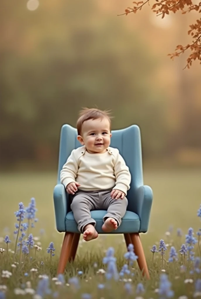 flowers on top flower background outdoor location , flower wil be blue colour light blue colour flowers maching with chair  there is a baby sitting in a chair in a field, digital art by Saurabh Jethani, trending on pixabay, art photography, portrait photog...