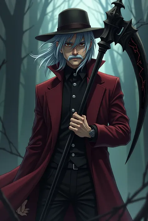 A man in anime style in a dark red coat with dark brown hat white gray hair and a moustache he wears a dark scythe with black lightning pattern from 1880 called Jack the Ripper 