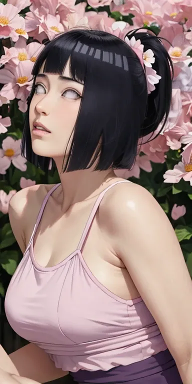 masterpiece, absurdres, hinata\(boruto\), 1girl, solo,mature female, spaghetti strap top, high waist mini skirt, looking at viewer, (falling petals), perfect composition, detailed lips, big breast, beautiful face, body propotion, blush, (pink lips), ponyta...