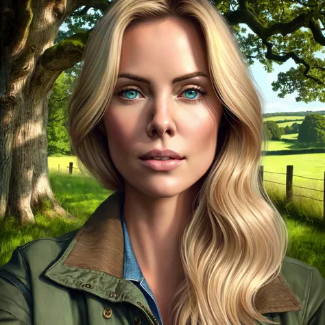 blond woman with blue eyes and a green jacket in a field, highly realistic digital art, portrait of (charlize theron), photorealistic digital painting, realistic digital illustration, ultrarealistic digital art, hyperrealism artstyle, realistic digital pai...