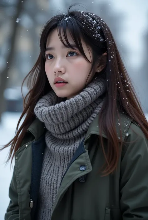  Ultra-realistic , Realistic, Dramatic Scene , shadow, Full-area lighting,  In winter snow ， Loved but disappointed eyes，Looking up at you ，Neck with scarf ， wearing a windbreaker ， in a high-collar sweater ，trousers，Thick gloves ，First Person Camera ，