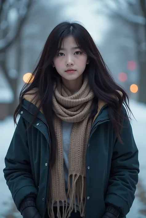  Ultra-realistic , Realistic, Dramatic Scene , shadow, Full-area lighting,  In winter snow ， Loved but disappointed eyes，Looking up at you ，Neck with scarf ， wearing a windbreaker ， in a high-collar sweater ，trousers，Thick gloves ，First Person Camera ，