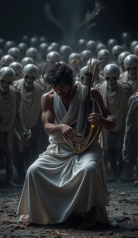 Orpheus, playing his lira with intense emotion, wearing a simple white tunic, Ancient Greece, surrounded by the spirits of the dead who look captivated and moved, the dark and eerie Underworld stretching endlessly behind them, with a faint glow from his li...