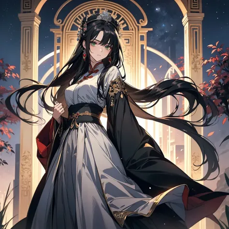 (masterpiece, best quality:1.2), anime style, !!1 women!!, !!!black hair!!!, ((solo)), perfect anatomy, very long hair , !!!black hair!!!, green eyes, good-looking women, silver and dark blue elegant hanfu, chinese princess, ultra long skirt, night