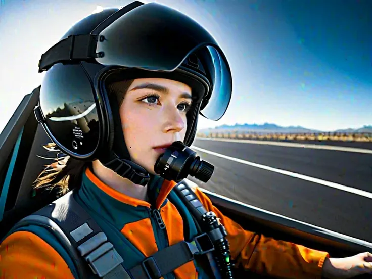   from the front ,  pilot with LED interactive screen and HUD head-up display on the visor Future female jet fighter pilot wearing a helmet,  target system displayed on a visor ,  communication system , Oxygen tube ,  sitting in the cockpit of an F35 ,  je...