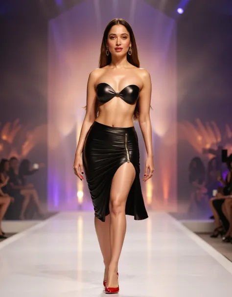 full body shot of a beautiful woman, clo028, in a black leather pencil high-waisted skirt with a zipper along the high slit and strapless bandeau top, subtle metallic ring accents on both top and skirt,  sleek high red heels, walking on a catwalk, spotligh...