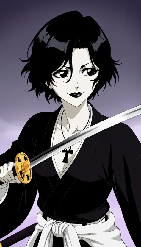 very white skinned, pale woman, with short and messy black hair, happy, wearing ankh necklace, black eyes and lips, black lipstick, wearing black kimono and white belt around the waist, holding katana, looking to the side, bleach anime style