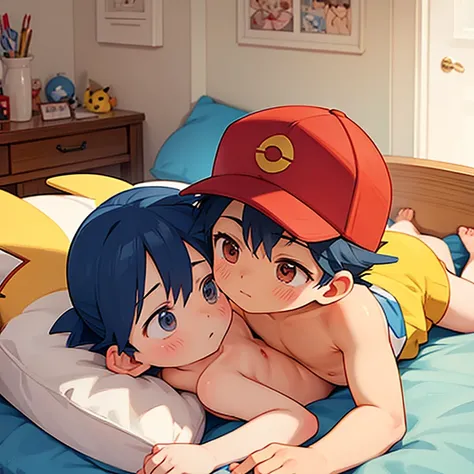 Ash Ketchum and Pikachu copulating bare shirtless bedroom