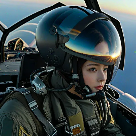   from the front ,  pilot with LED interactive screen and HUD head-up display on the visor Future female jet fighter pilot wearing a helmet,  target system displayed on a visor ,  communication system , Oxygen tube ,  sitting in the cockpit of an F35 ,  je...