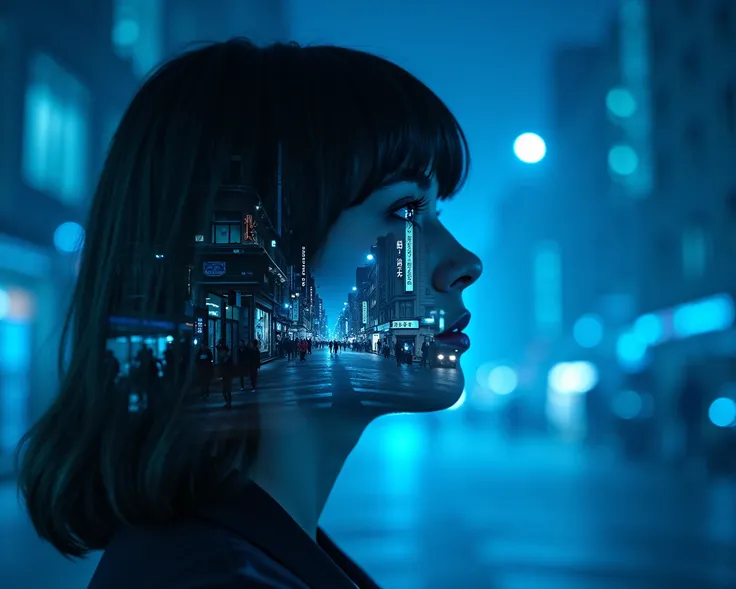 "Intense blue monochrome photograph of a (close-up of a young woman's detailed profile with dark hair and bangs:1.1), with a (translucent overlay of a vibrant modern urban city with intricate details:1.1) over her face and neck, (busy streets with people w...