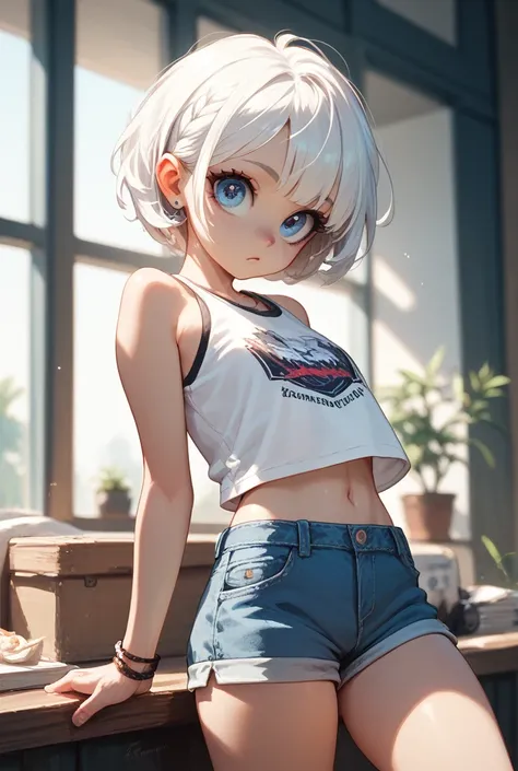  Girl with white hair , with big eyes, in short shorts,  in a short topic