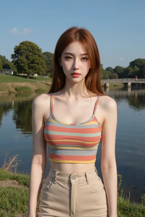 Portrait of a young woman standing in front of a lake. she is wearing a colorful striped tank top and beige high-waisted pants with a belt. the woman has long red hair and is looking directly at the camera with a serious expression. the background shows a ...