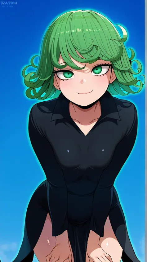  body masterpiece,  best quality skirt, 1 girl, Alone ,  beautiful eyes, zzTatsumaki,  green eyes,  green hair,  black dress,  smile, presumed, cowboy shot,  leaning forward ,  smile,   looking at the spectator, shiny skin,