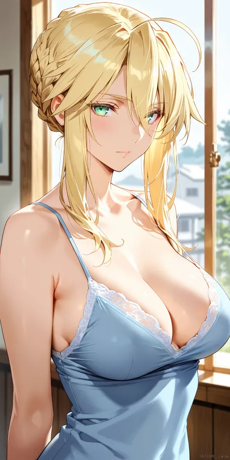 Masterpiece, mature woman, artoria pendragon (Lancer) (fate), slim, medium breast, upper body,camisole, ultra detailed, highres, absurdres, home, portrait, semi realistic 