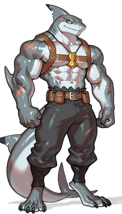 sharkman, anthro maco shark, darker hands and fins, gray body, solo, big arms, bara, detailed skin on abs, lizard shark hybrid, anthro, Polynesian tattoos on arms and body, yellow eyes
detailed shark skin, a combination of dark grays, for the shark feature...