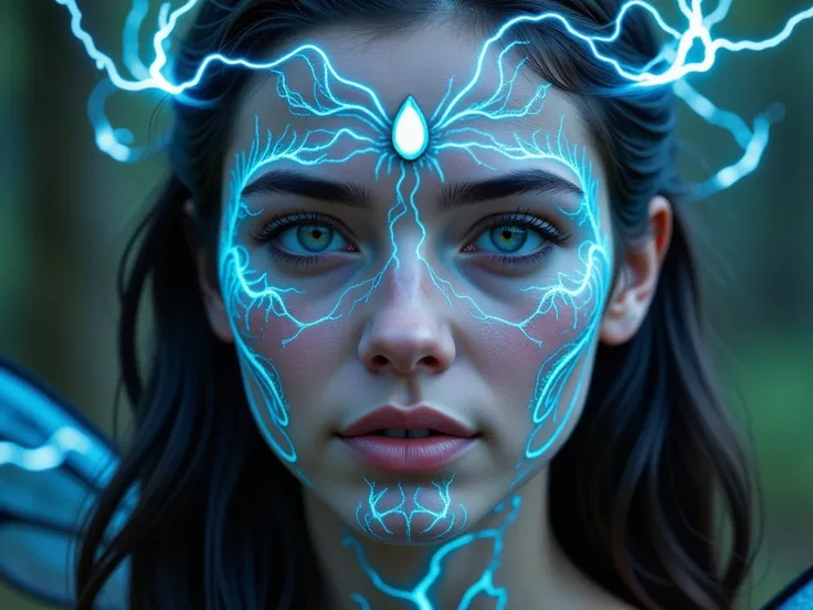 Photorealistic, 4K, uhd, unreal engine 5, blender, the face of a beautiful fairy, she has swirls tattooed on her face that glow electric blue, her eyes are topaz and shine like lightning, electricity is surrounding her head like an aura