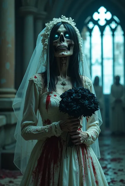 Hyper-realistic portrait of a ghostly bride, tattered wedding gown stained with blood and dirt (2.0: ultra refined fabric and decay details), skeletal face with remnants of decayed flesh and faint glowing blue eyes (1.9: high emphasis on skeletal and glowi...