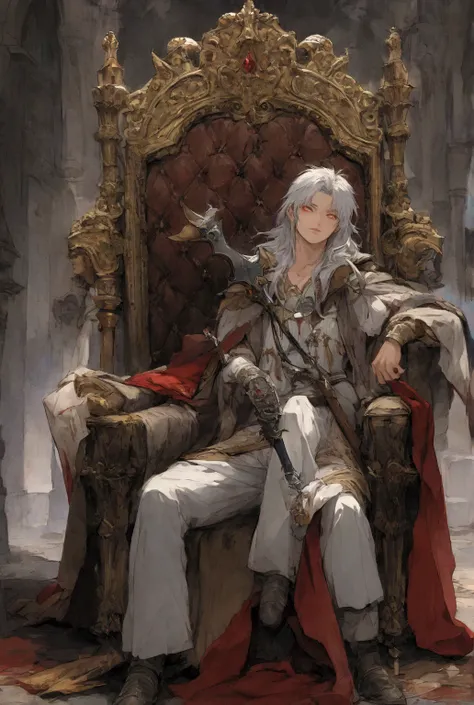 Vampire,MASCULINE,knight,eyes with yellow pupils,long gray hair,sword in hand,seated on a throne,poder de gravAge estlo anime medieval,Age(1),adolescent.