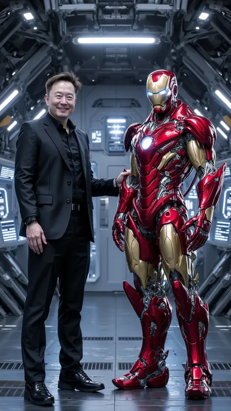 Elon Musk standing side by side with Iron Man (Tony Stark) in a modern, tech-filled environment. The background features advanced machinery, glowing holographic interfaces, and sleek metallic walls, giving a futuristic yet realistic atmosphere. Elon Musk i...