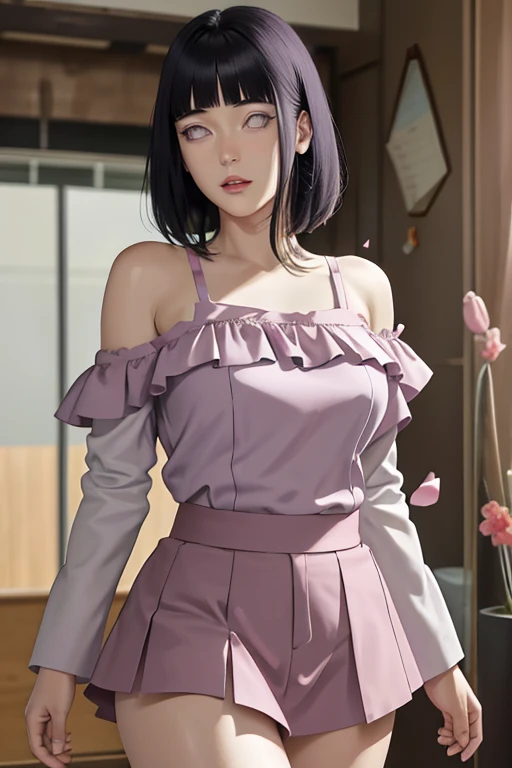 masterpiece, absurdres, hinata\(boruto\), 1girl, solo,mature female, off-shoulder bra, high waist short skirt, looking at viewer, (falling petals), perfect composition, detailed lips, big breast, beautiful face, body propotion, blush, (pink lips), long hai...